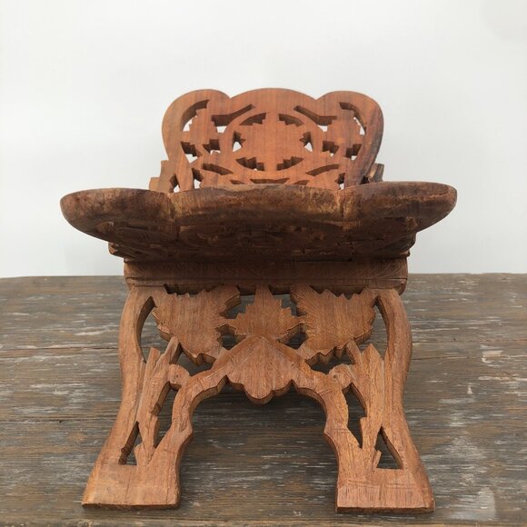 Carved Teak Wood Book Holder Stand Towels Napkins Cookbooks Vintage Floral Leaf - Picture 6 of 11